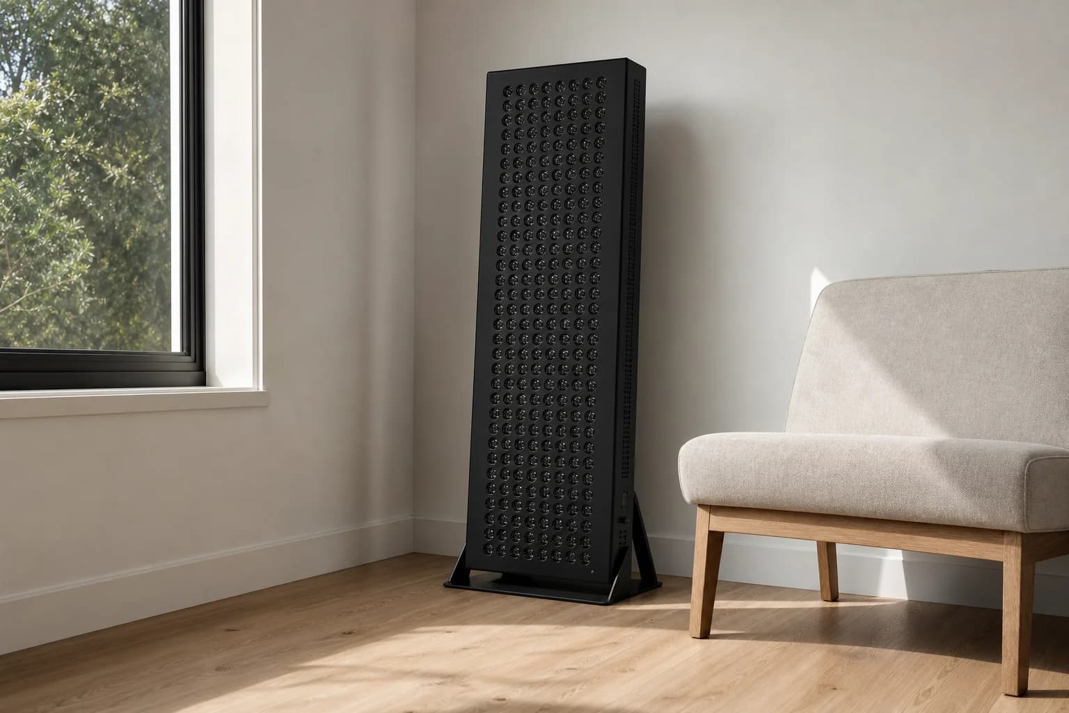 A Skyluxe panel standing in the corner of a quiet room, morning light across a timber floor